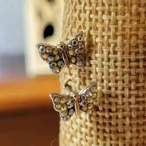 Rhinestone Butterfly Earrings Silver Tone Pierced Mini Fashion Costume Jewelry